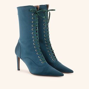 $595 NEW RETRO STYLE ANKLE BOOT IN TEAL SATIN